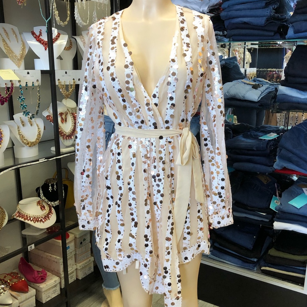 Sheer Sequin Nude Sexy Dress Lingerie Robe